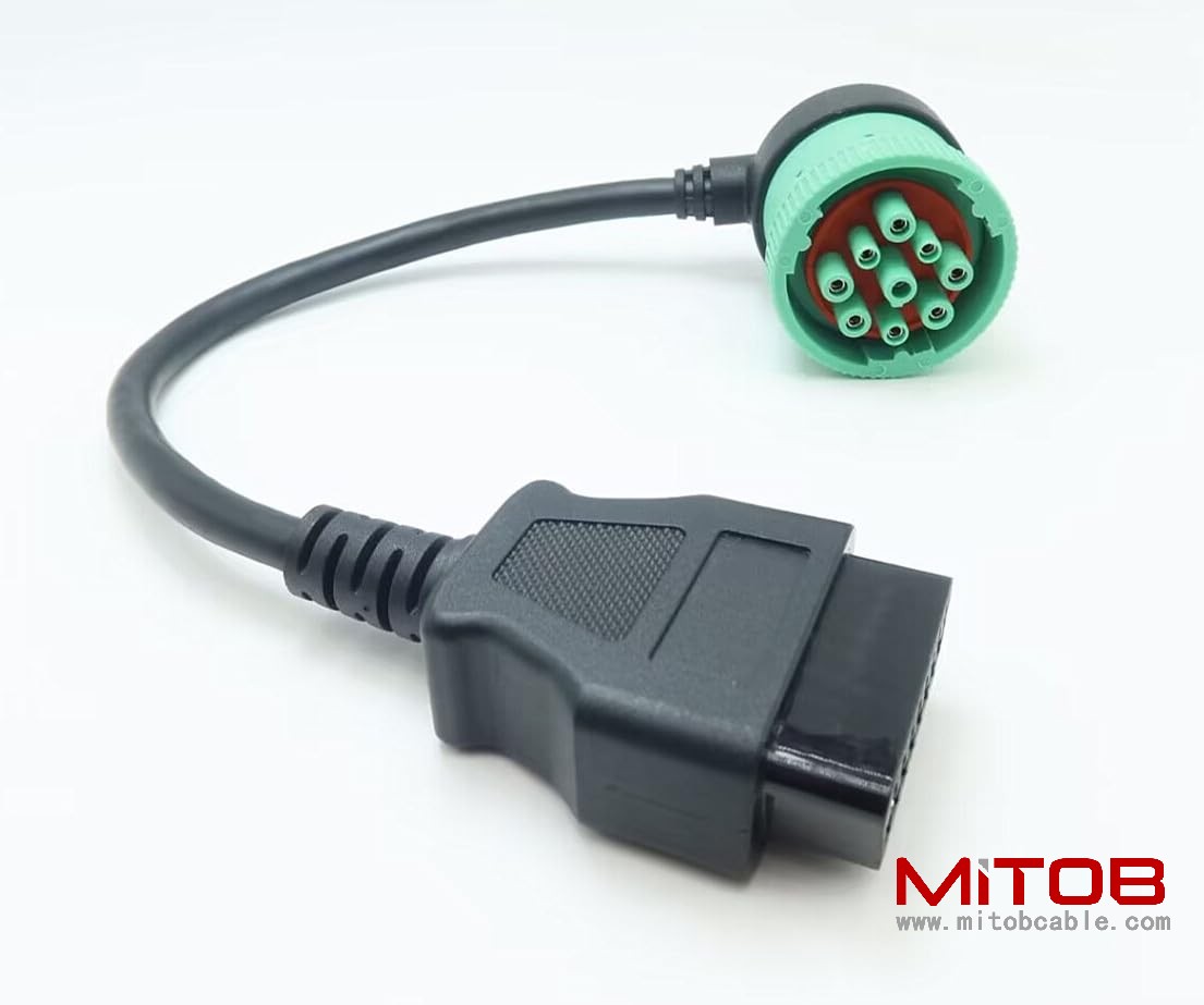 Right Angle 9pin J1939 Male to 16pin OBD2 OBDii Female Port Adapter Cable for Diagnostic Tool & ELD Tracker (J1939 to OBD2 Port)