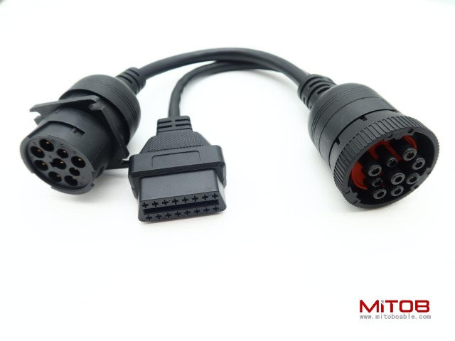 9pin Type1 SAE J1939 Male to Female to 16pin OBD2 Female Port Splitter Y Cable for Freightliner Truck