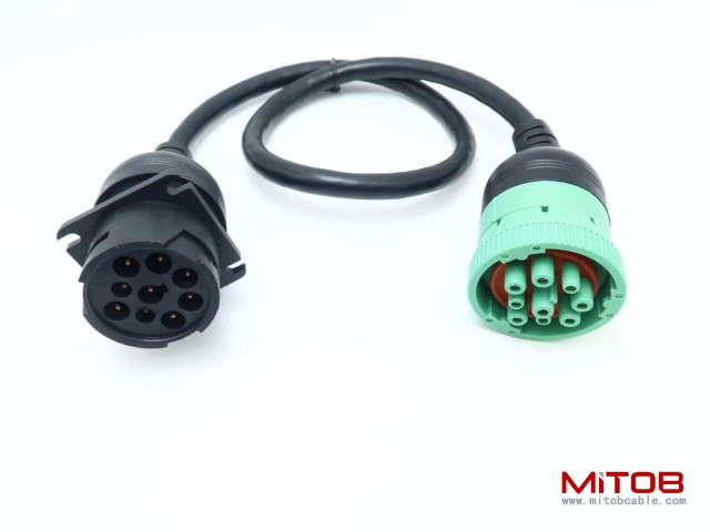 Overmolded 9 pin J1939 Green Type 2 Male to J1939 Gray Type 1 Female Cable