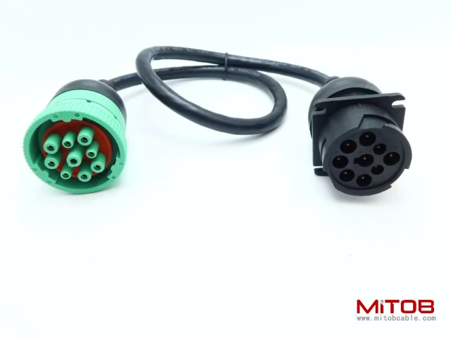 Overmolded 9 pin J1939 Green Type 2 Male to J1939 Gray Type 1 Female Cable