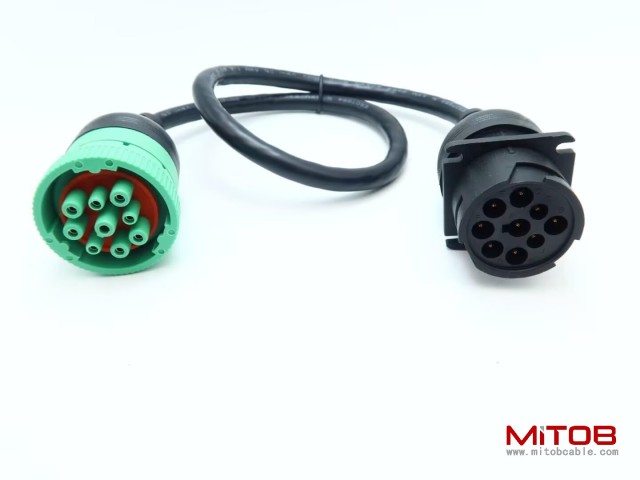 Overmolded 9 pin J1939 Green Type 2 Male to J1939 Gray Type 1 Female Cable