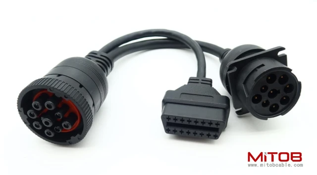 9pin Type1 SAE J1939 Male to Female to 16pin OBD2 Female Port Splitter Y Cable for Freightliner Truck