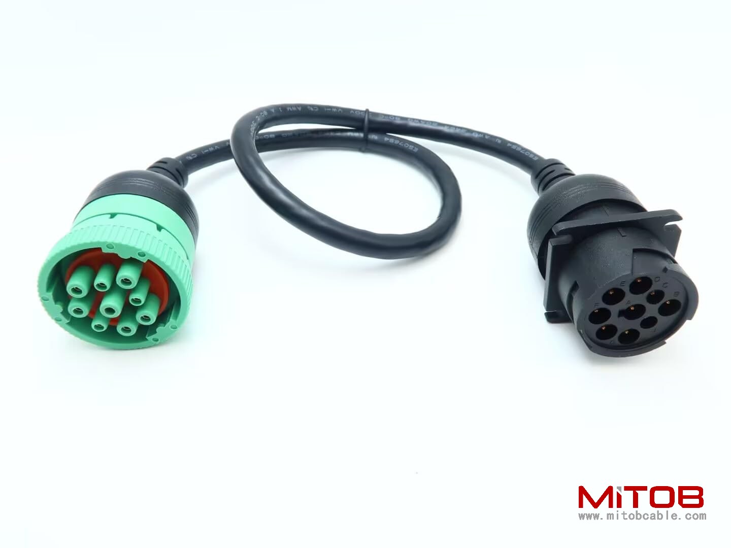 Overmolded 9 pin J1939 Green Type 2 Male to J1939 Gray Type 1 Female Cable