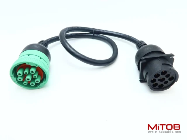 Overmolded 9 pin J1939 Green Type 2 Male to J1939 Gray Type 1 Female Cable
