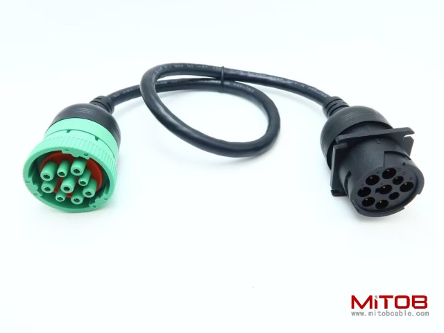 Overmolded 9 pin J1939 Green Type 2 Male to J1939 Gray Type 1 Female Cable
