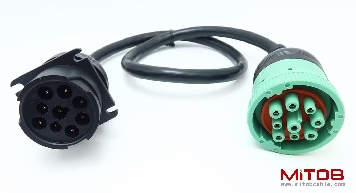 Overmolded 9 pin J1939 Green Type 2 Male to J1939 Gray Type 1 Female Cable