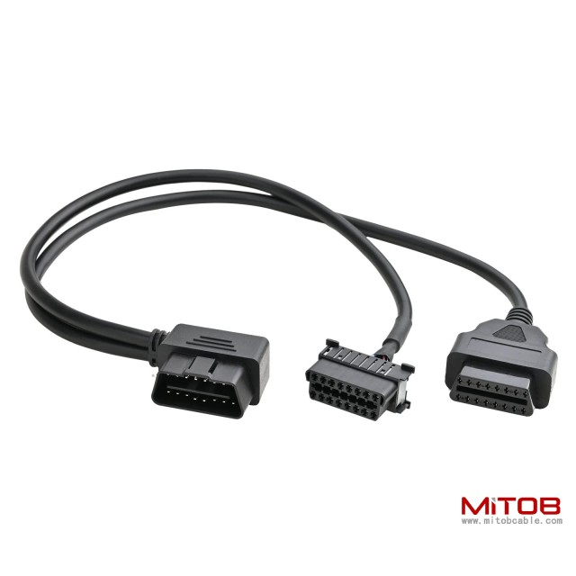 Right Angle OBD2 OBD II Full 16 Pin Male Y Open Splitter Connector, J1962 1 Male to 2 Female Thick Wire Cable Adapter Extension Cord for GPS Tracker 50cm 20"