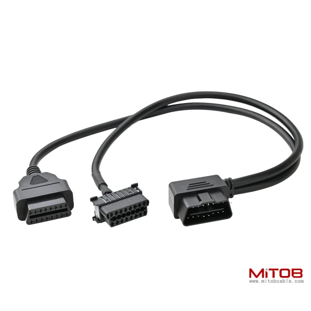 Right Angle OBD2 OBD II Full 16 Pin Male Y Open Splitter Connector, J1962 1 Male to 2 Female Thick Wire Cable Adapter Extension Cord for GPS Tracker 50cm 20"