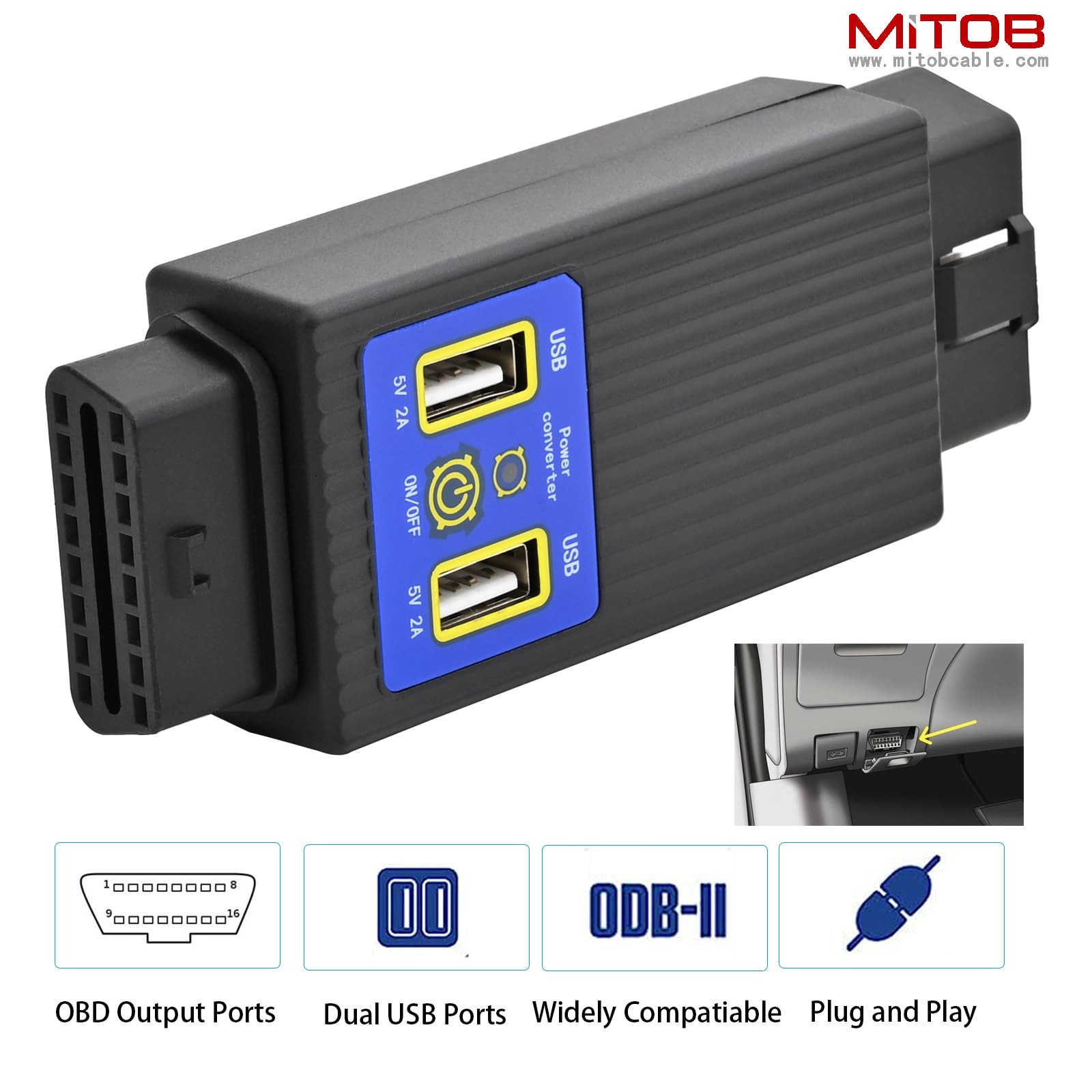Pocket OBD2 OBDII Full 16 Pin Male to Female OBD Cable Splitter Converter Adapter with 2 USB Port Supply Charging for Diagnostic Extender