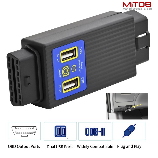 Pocket OBD2 OBDII Full 16 Pin Male to Female OBD Cable Splitter Converter Adapter with 2 USB Port Supply Charging for Diagnostic Extender