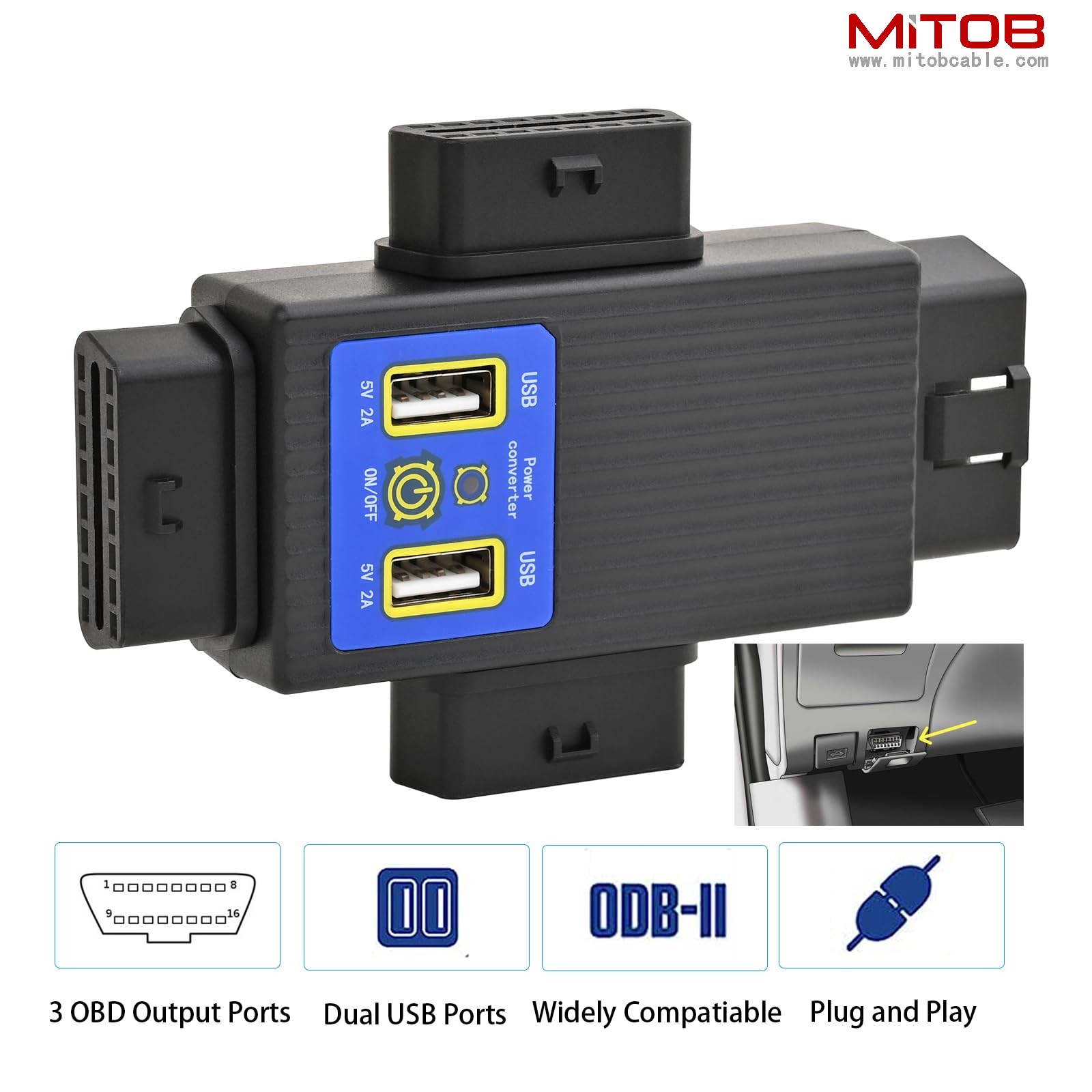 OBD2 OBDII Full 16 Pin 1 Male to 3 Female OBD Cable Splitter Converter Adapter with 2 USB Port Supply Charging for Diagnostic Extender (1 to 3 Splitter)