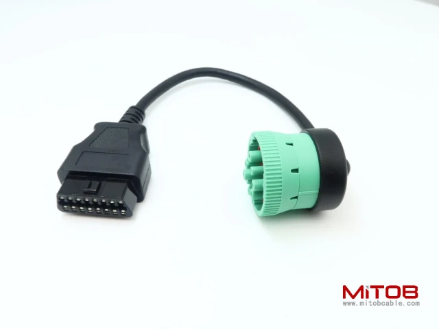Right Angle Green Type 2 J1939 9pin Male to 16pin OBD2 OBDII Female Port Cable for Freightliner Truck