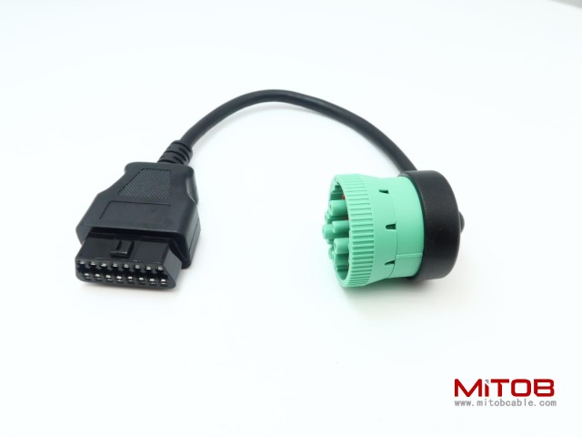 Right Angle Green Type 2 J1939 9pin Male to 16pin OBD2 OBDII Female Port Cable for Freightliner Truck