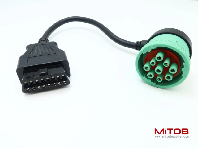 Right Angle Green Type 2 J1939 9pin Male to 16pin OBD2 OBDII Female Port Cable for Freightliner Truck