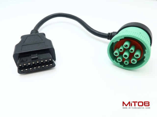 Right Angle Green Type 2 J1939 9pin Male to 16pin OBD2 OBDII Female Port Cable for Freightliner Truck