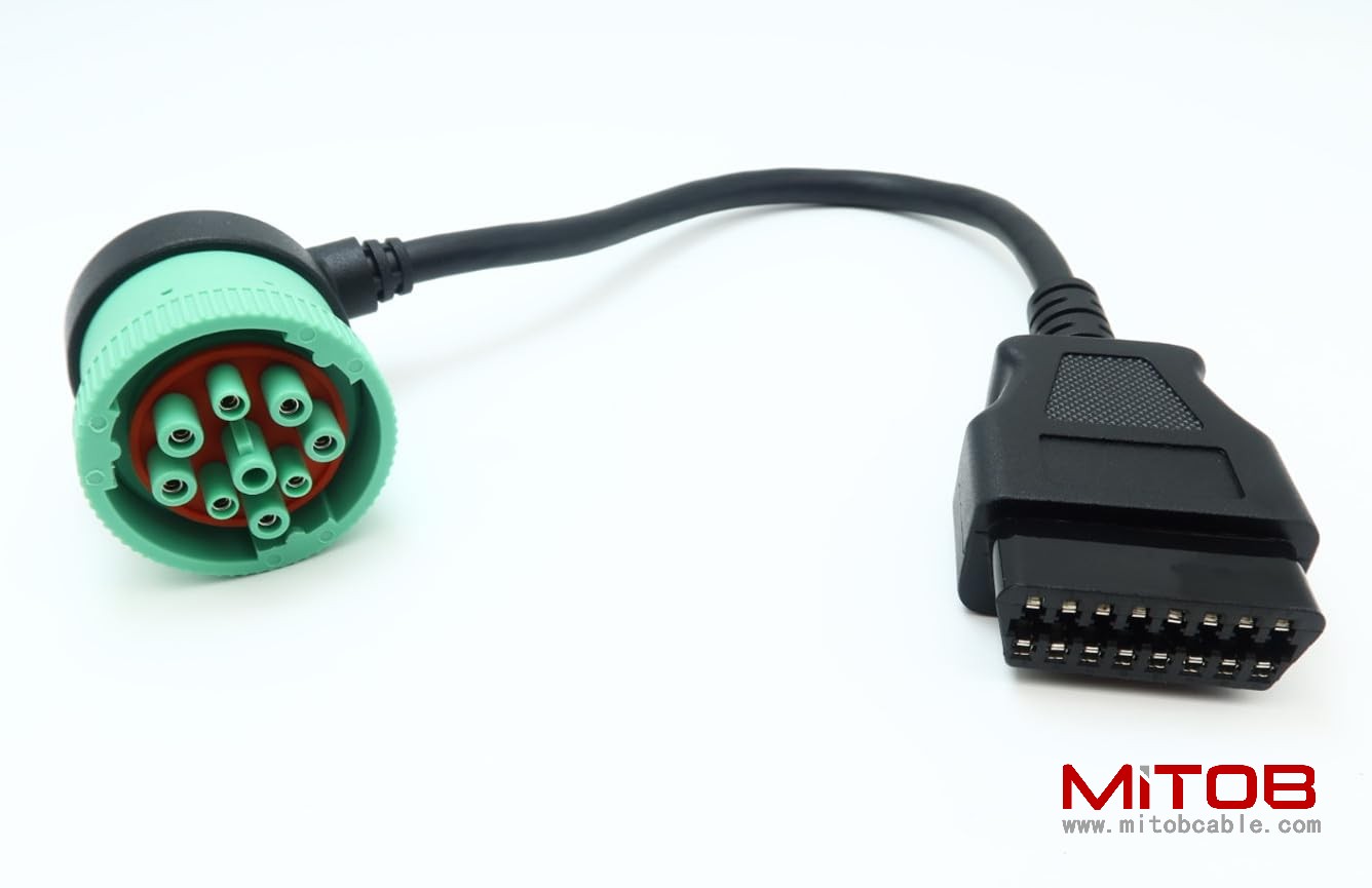 Right Angle Green Type 2 J1939 9pin Male to 16pin OBD2 OBDII Female Port Cable for Freightliner Truck