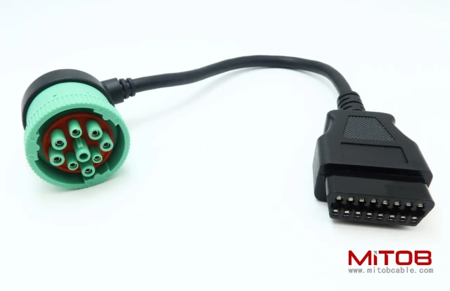 Right Angle Green Type 2 J1939 9pin Male to 16pin OBD2 OBDII Female Port Cable for Freightliner Truck