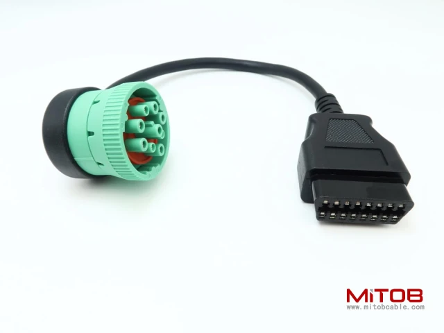 Right Angle Green Type 2 J1939 9pin Male to 16pin OBD2 OBDII Female Port Cable for Freightliner Truck