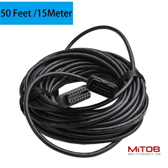 50 Feet  15 Meter OBD2 OBDII Full 16 Pin Car Male to Female Extension Cable Diagnostic Extender Low Profile OBD Cord Adapter for OBD Scan Tool Compatible for All OBD2 Vehicles