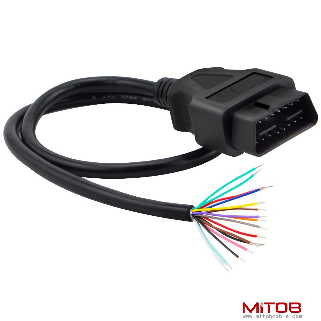 60cm 24" inch, 2ft 16 Pin J1962 OBD2 OBD-II Male Connector to Open Plug Wire, OBD Diagnostic Extension Cable Pigtail