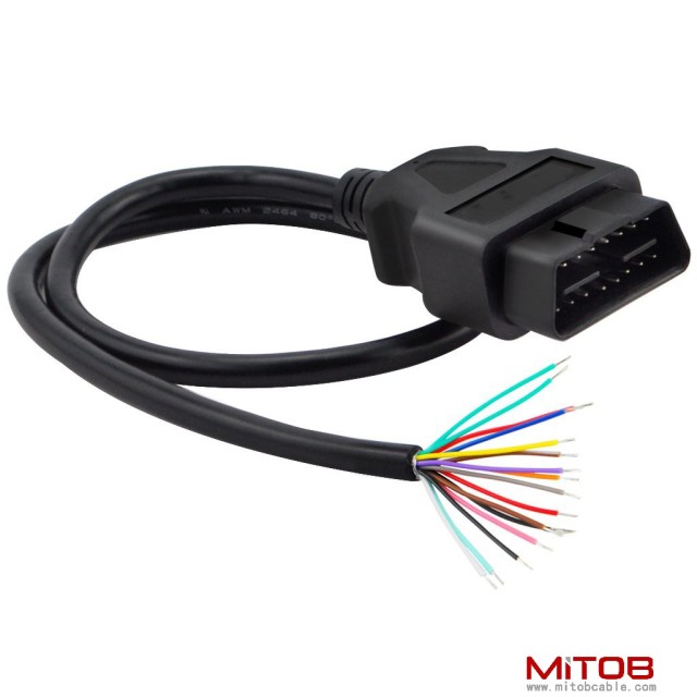 60cm 24" inch, 2ft 16 Pin J1962 OBD2 OBD-II Male Connector to Open Plug Wire, OBD Diagnostic Extension Cable Pigtail
