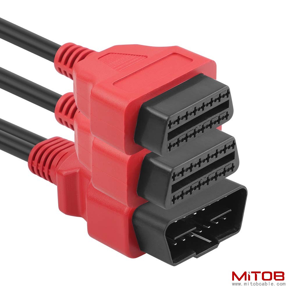 Red 30cm12 inch Ultra Low Profile OBDII Extension Cable, OBD II 2 Y Splitter Cable,1 Male to 2 Dual Female Y J1962 Ports Extension Connector Adapter