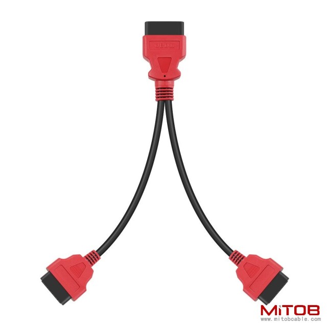 Red 30cm12 inch Ultra Low Profile OBDII Extension Cable, OBD II 2 Y Splitter Cable,1 Male to 2 Dual Female Y J1962 Ports Extension Connector Adapter