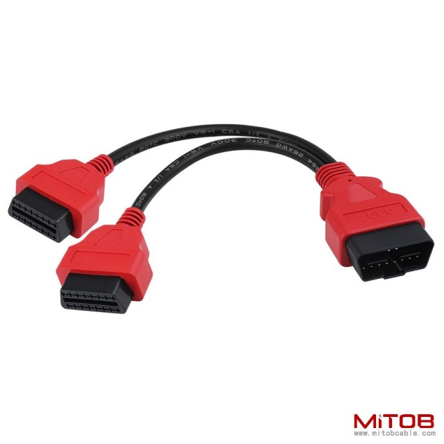 Red 30cm12 inch Ultra Low Profile OBDII Extension Cable, OBD II 2 Y Splitter Cable,1 Male to 2 Dual Female Y J1962 Ports Extension Connector Adapter