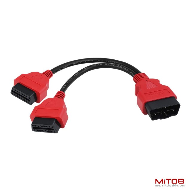 Red 30cm12 inch Ultra Low Profile OBDII Extension Cable, OBD II 2 Y Splitter Cable,1 Male to 2 Dual Female Y J1962 Ports Extension Connector Adapter