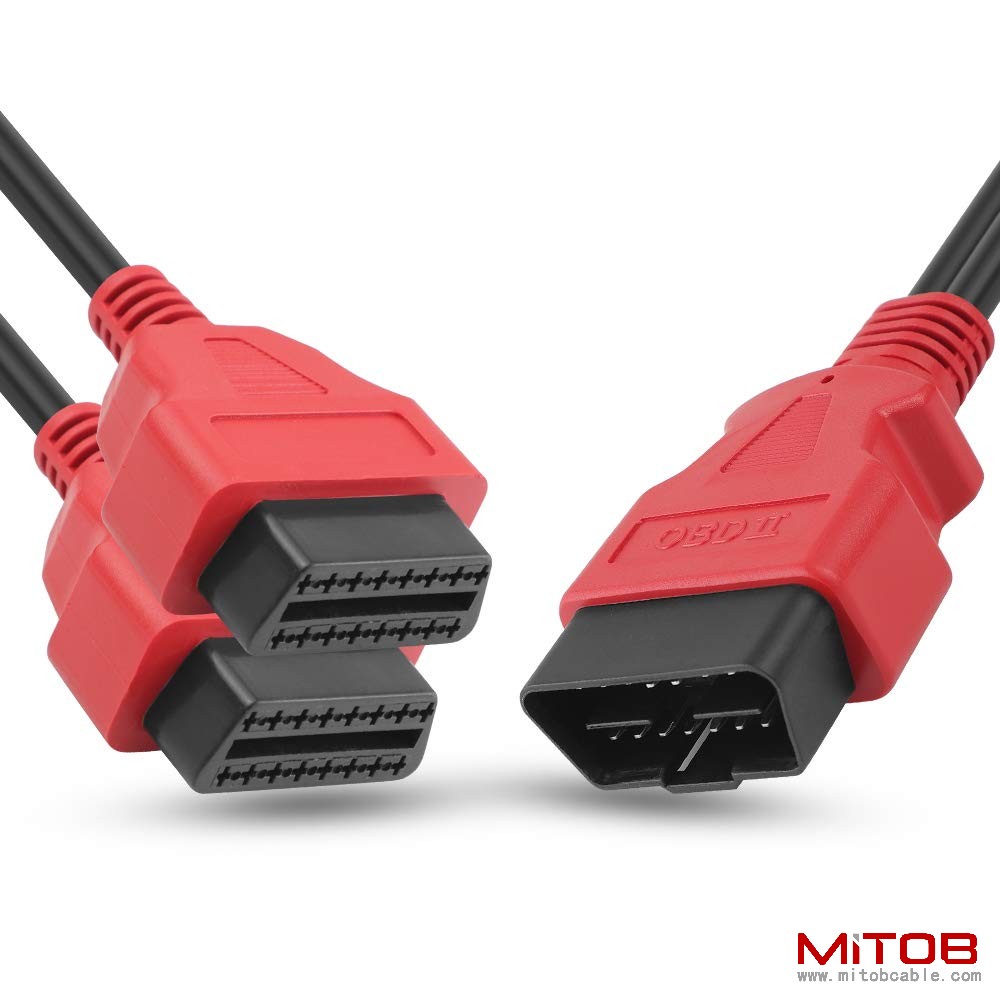 Red 30cm12 inch Ultra Low Profile OBDII Extension Cable, OBD II 2 Y Splitter Cable,1 Male to 2 Dual Female Y J1962 Ports Extension Connector Adapter