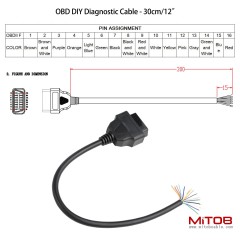2pcs 1ft Feet 30cm 12'' 16 Pin J1962 OBD OBDII OBD2 Female Connector Car Diagnostic Extension Cable Cord Pigtail