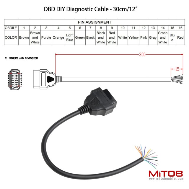 2pcs 1ft Feet 30cm 12'' 16 Pin J1962 OBD OBDII OBD2 Female Connector Car Diagnostic Extension Cable Cord Pigtail