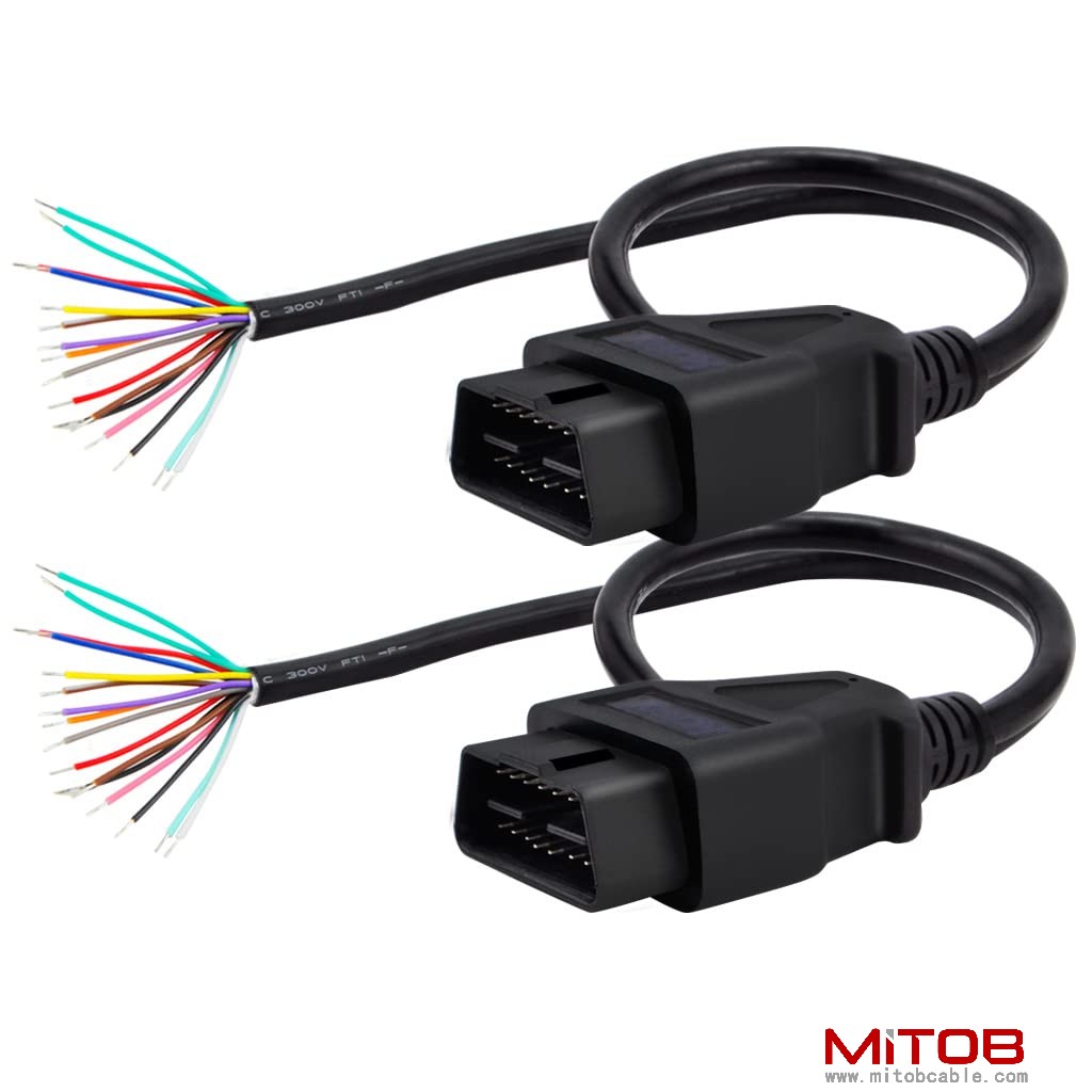 60cm 24 inch 2ft  Pack of 2 16 Pin J1962 OBD2 OBD-II Male Connector to Open Plug Wire, OBD Diagnostic Extension Cable Pigtail