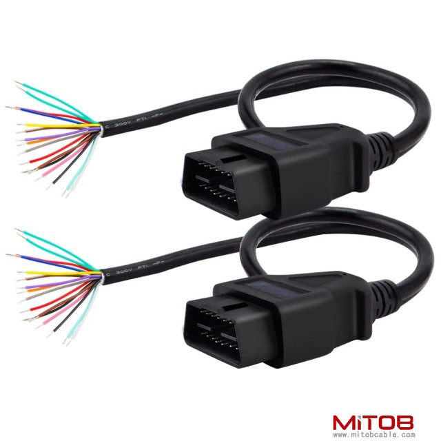 60cm 24 inch 2ft  Pack of 2 16 Pin J1962 OBD2 OBD-II Male Connector to Open Plug Wire, OBD Diagnostic Extension Cable Pigtail