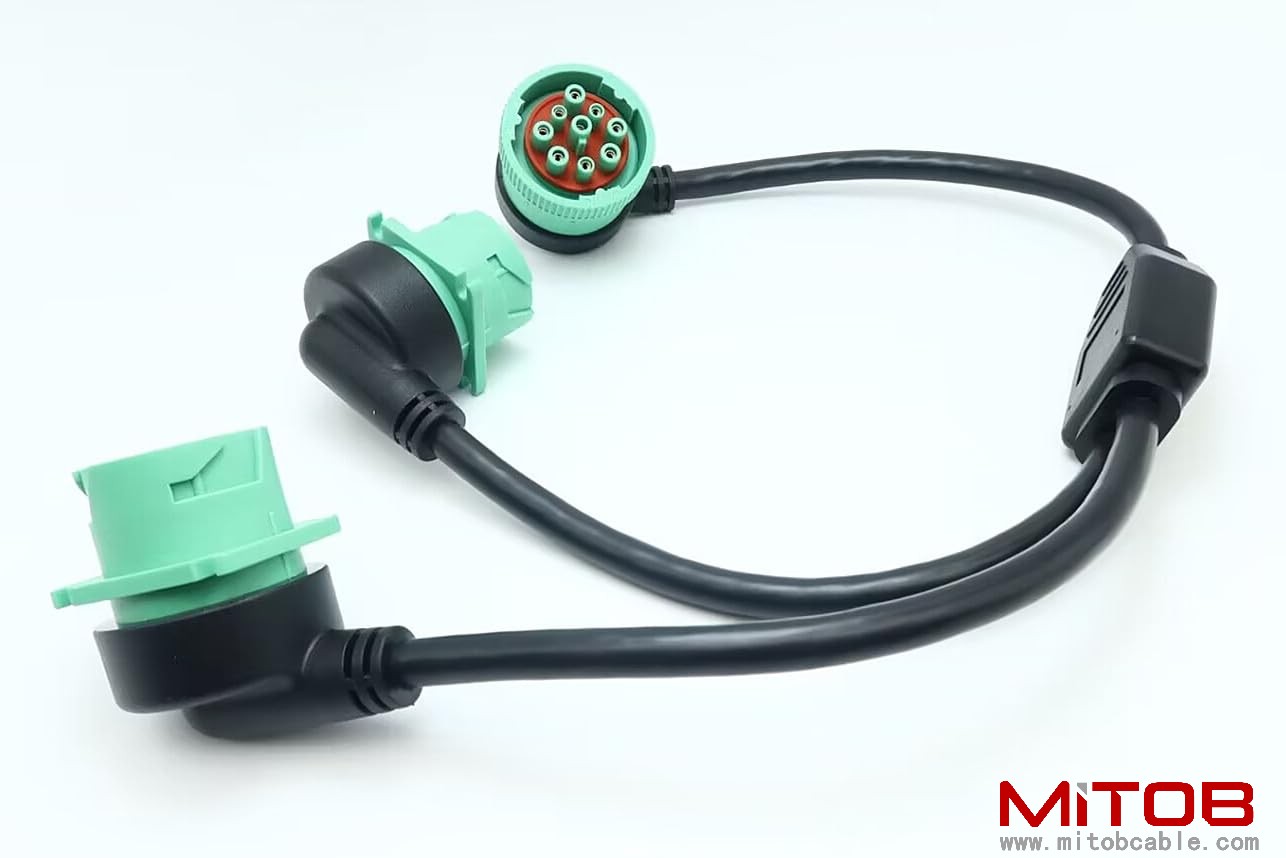 Right Angle Overmolded J1939 Male to 2 Female J1939 Green Type 2 Splitter Y Cable