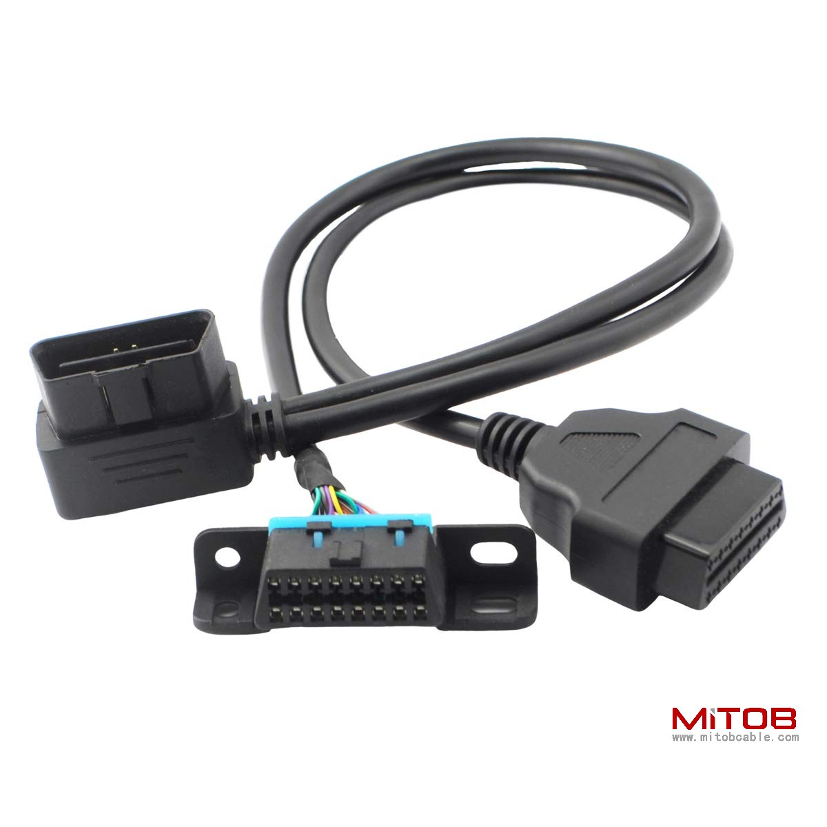 Right Angle Universal OBD2 OBDII 16 Pin Splitter Y Open Cable, J1962 1 Male to 2 Female Connector with Underdash Mount Bracket 50cm/20