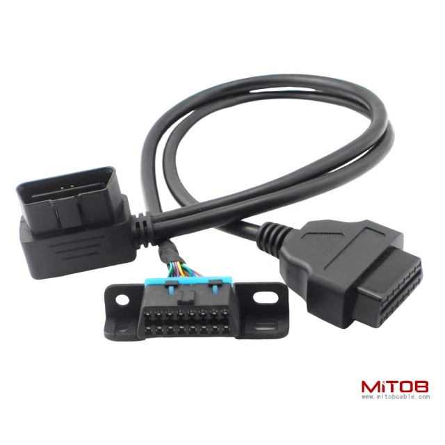 Right Angle Universal OBD2 OBDII 16 Pin Splitter Y Open Cable, J1962 1 Male to 2 Female Connector with Underdash Mount Bracket 50cm/20