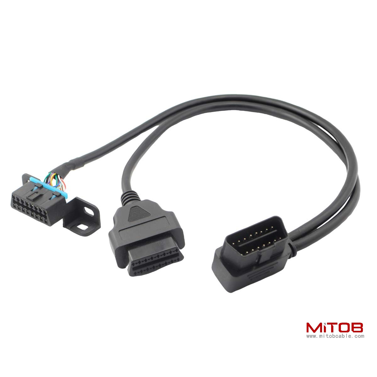 Right Angle Universal OBD2 OBDII 16 Pin Splitter Y Open Cable, J1962 1 Male to 2 Female Connector with Underdash Mount Bracket 50cm/20