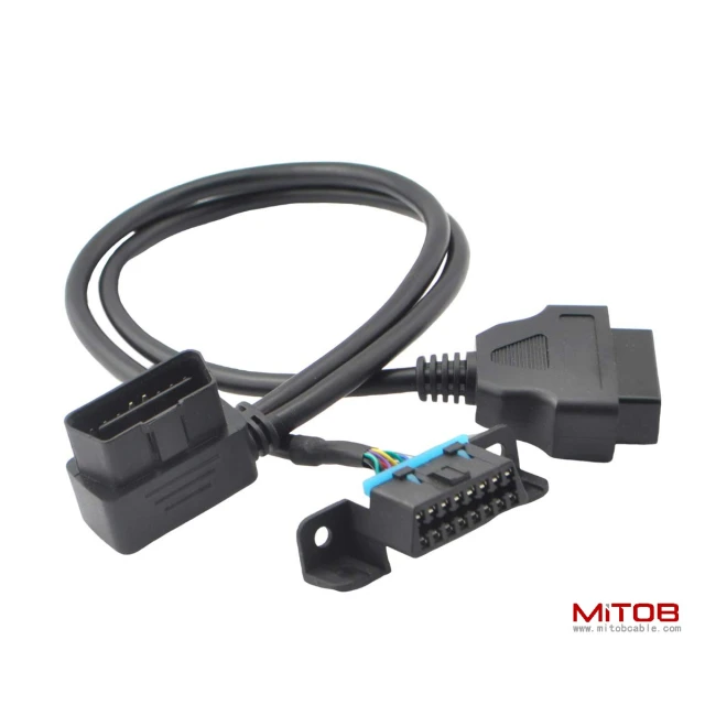 Right Angle Universal OBD2 OBDII 16 Pin Splitter Y Open Cable, J1962 1 Male to 2 Female Connector with Underdash Mount Bracket 50cm/20