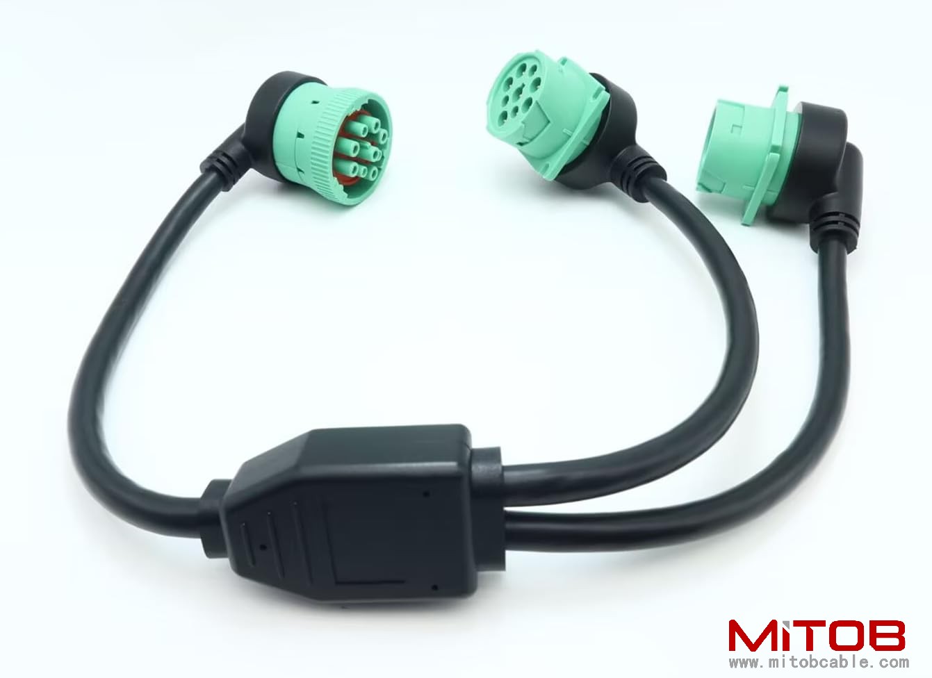 Right Angle Overmolded J1939 Male to 2 Female J1939 Green Type 2 Splitter Y Cable