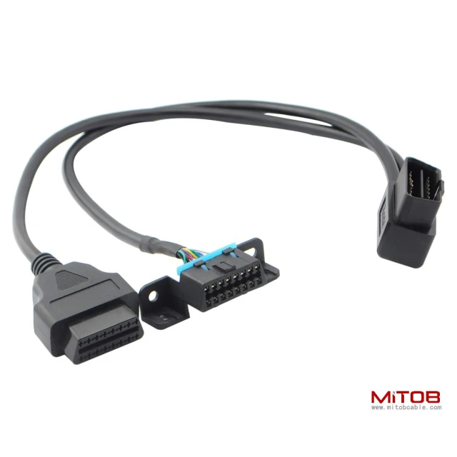 Right Angle Universal OBD2 OBDII 16 Pin Splitter Y Open Cable, J1962 1 Male to 2 Female Connector with Underdash Mount Bracket 50cm/20
