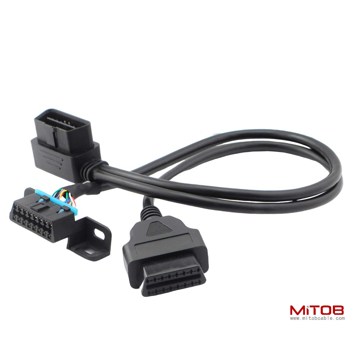 Right Angle Universal OBD2 OBDII 16 Pin Splitter Y Open Cable, J1962 1 Male to 2 Female Connector with Underdash Mount Bracket 50cm/20