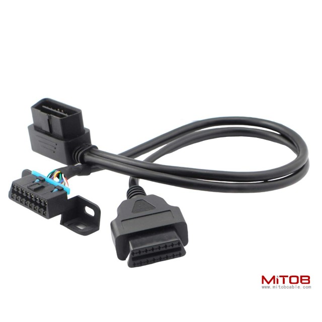 Right Angle Universal OBD2 OBDII 16 Pin Splitter Y Open Cable, J1962 1 Male to 2 Female Connector with Underdash Mount Bracket 50cm/20