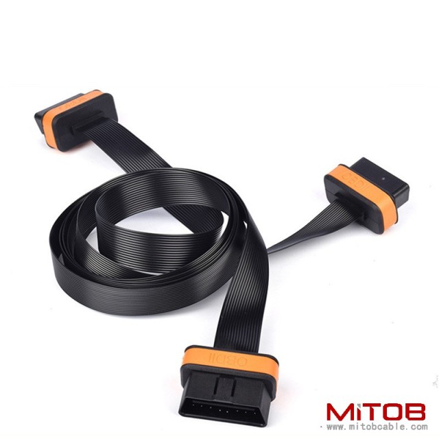1m OBD2 one to two extension cable  16Pin fully powered   flat  OBD one to two  adapter cable