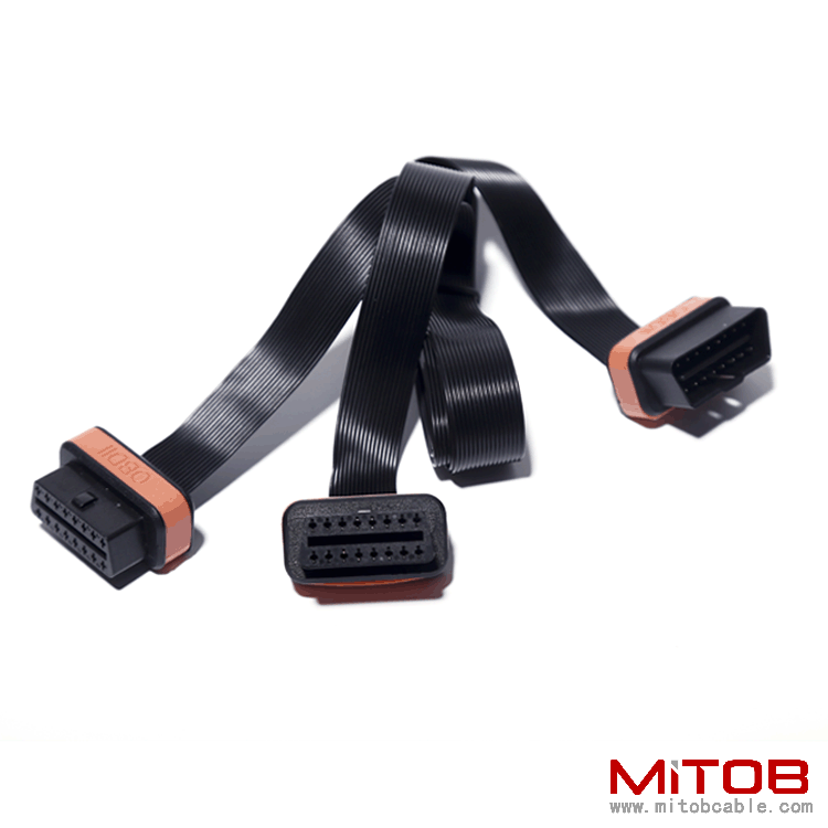 1m OBD2 one to two extension cable  16Pin fully powered   flat  OBD one to two  adapter cable