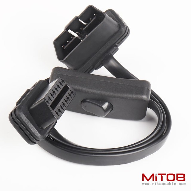 60cm OBD2 extension cable with switch, ultra-thin noodle elbow type car OBD flat 16pin  adapter cable