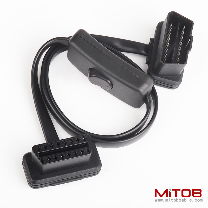 60cm OBD2 extension cable with switch, ultra-thin noodle elbow type car OBD flat 16pin  adapter cable