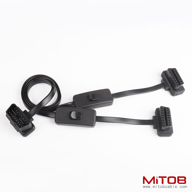 60CM Automotive OBD2 one to  two with switch extension splitter Y cable  flat OBD2 one to two adapter cable