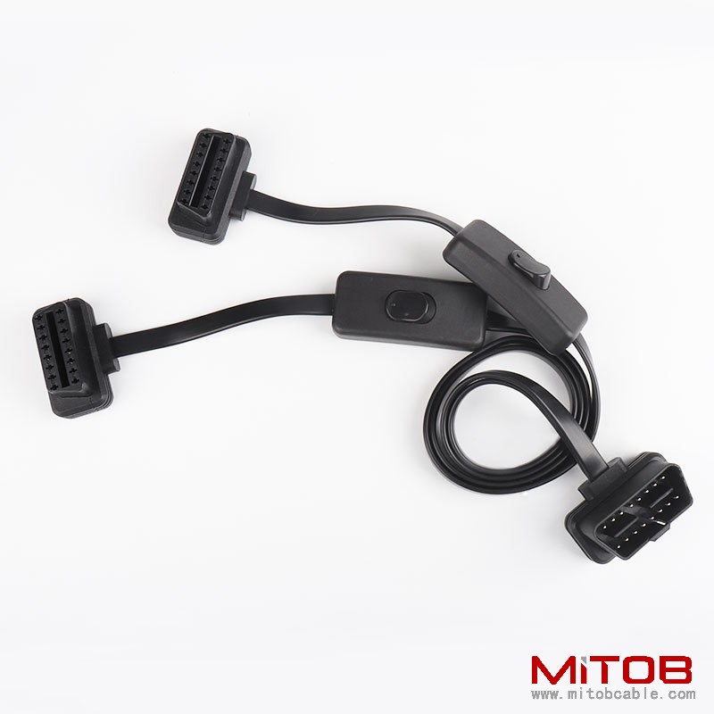 60CM Automotive OBD2 one to  two with switch extension splitter Y cable  flat OBD2 one to two adapter cable