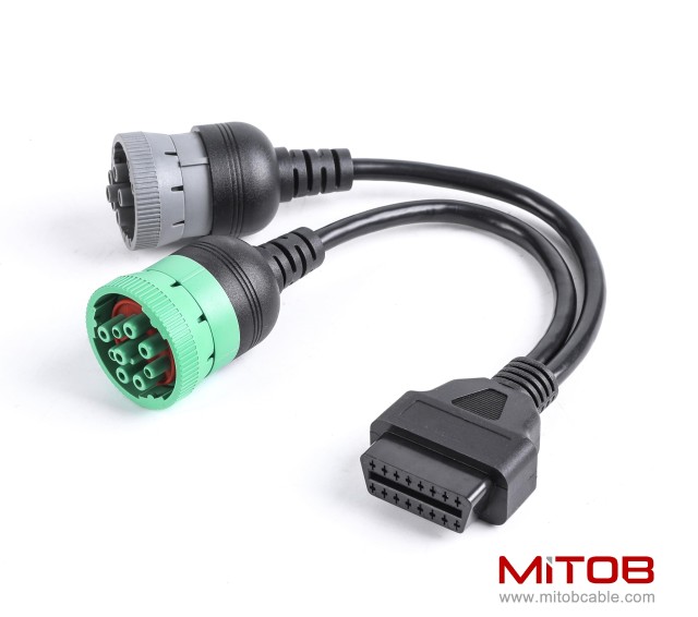 9pin J1939 Male and 6pin J1708 Male to OBD2 Female Port Splitter Y Cable